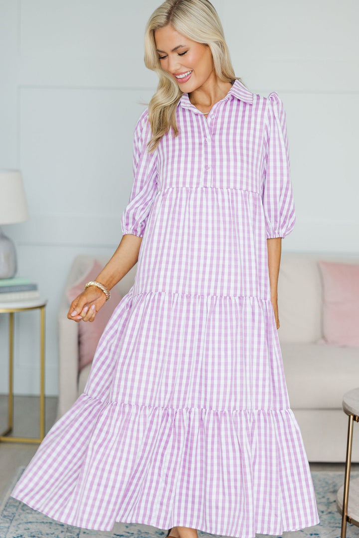 NURSING COLLECTION: Love Found Purple Gingham Tiered Midi Dress
