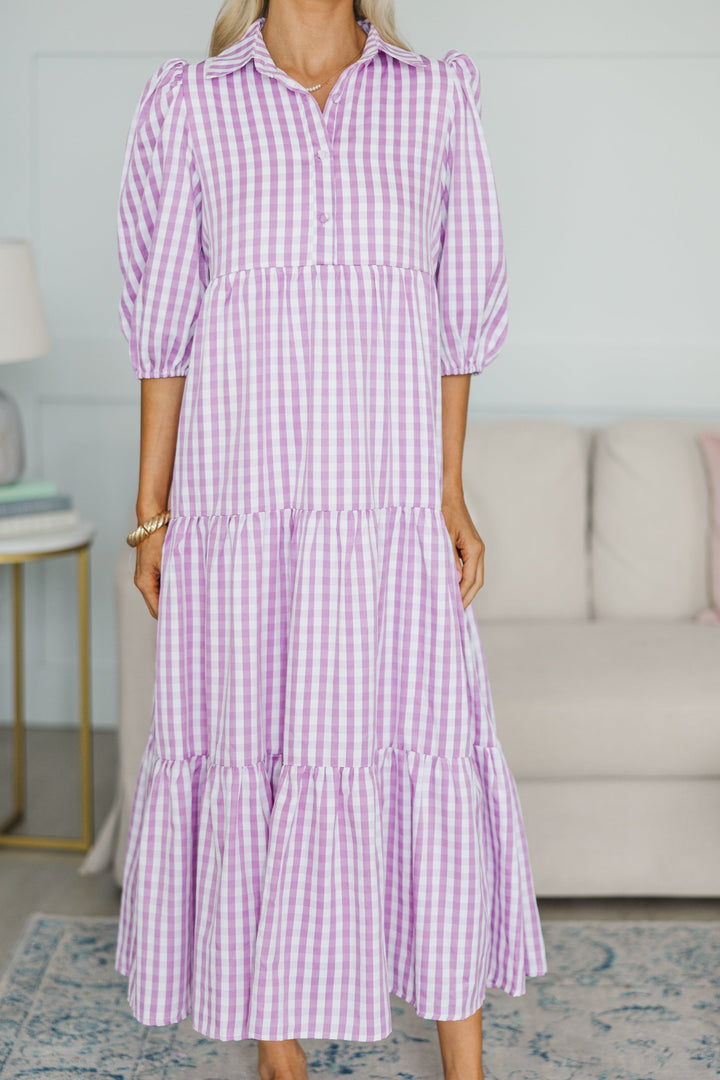 NURSING COLLECTION: Love Found Purple Gingham Tiered Midi Dress