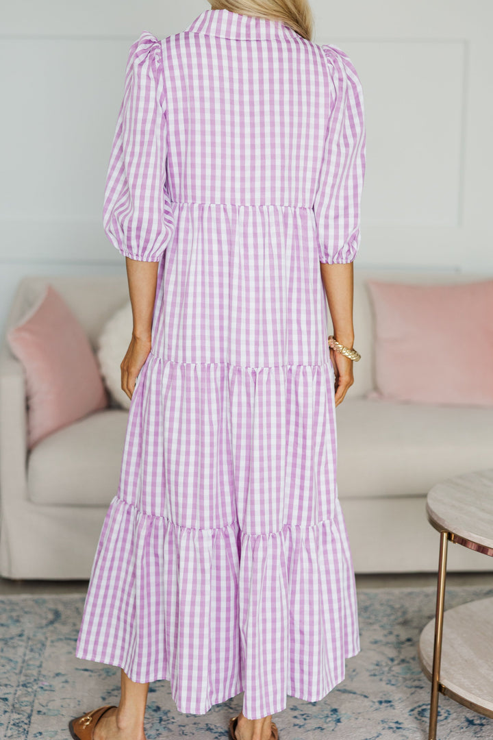 NURSING COLLECTION: Love Found Purple Gingham Tiered Midi Dress