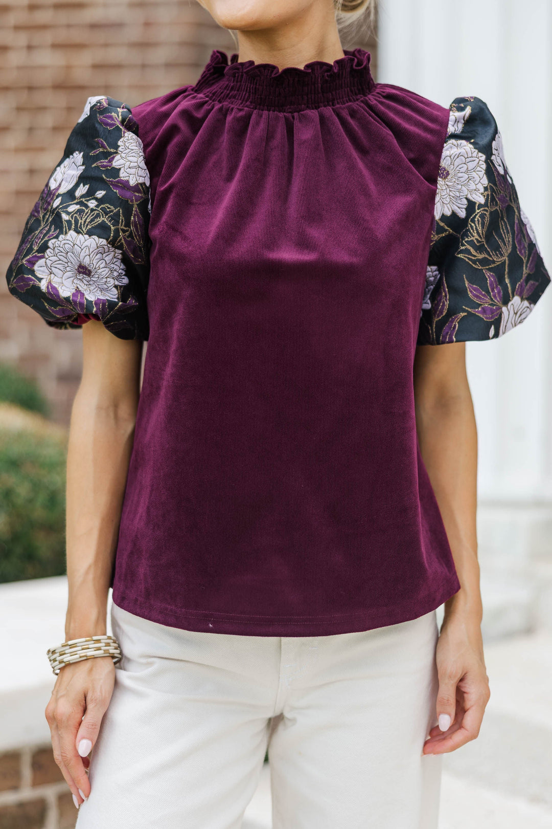 A Little Statement Purple Brocade Courdory Blouse