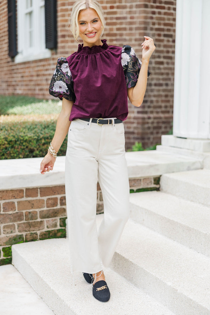 A Little Statement Purple Brocade Courdory Blouse
