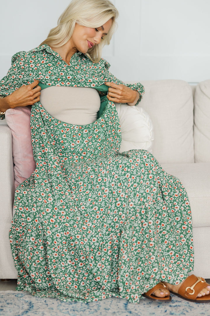NURSING COLLECTION: Love Found Green Ditsy Floral Tiered Midi Dress