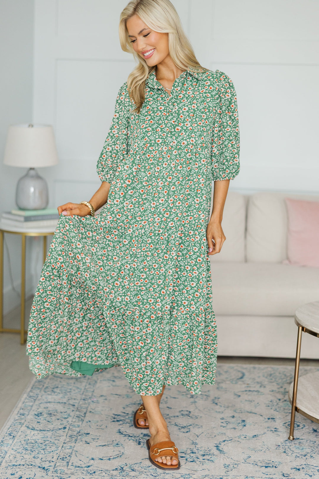 NURSING COLLECTION: Love Found Green Ditsy Floral Tiered Midi Dress