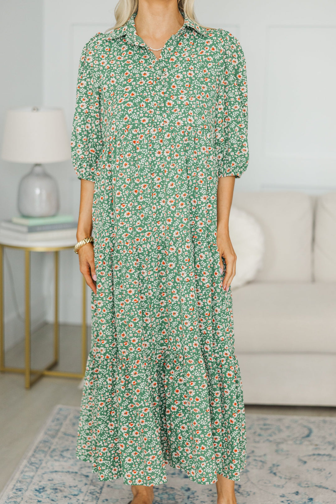 NURSING COLLECTION: Love Found Green Ditsy Floral Tiered Midi Dress