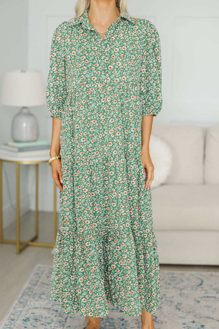 NURSING COLLECTION: Love Found Green Ditsy Floral Tiered Midi Dress