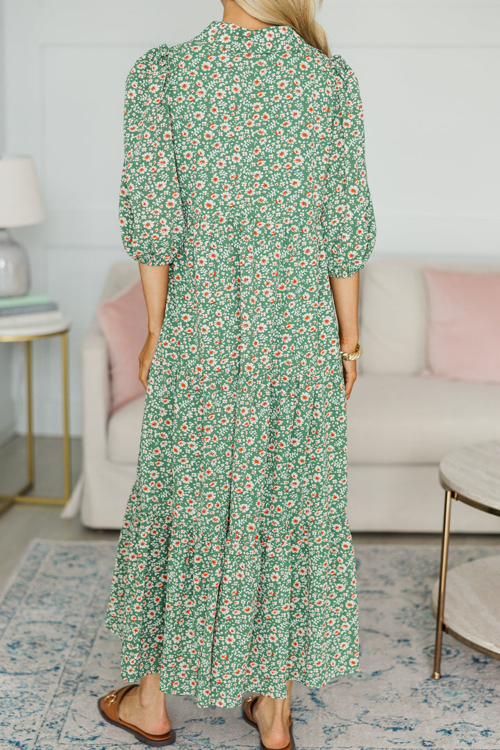 NURSING COLLECTION: Love Found Green Ditsy Floral Tiered Midi Dress