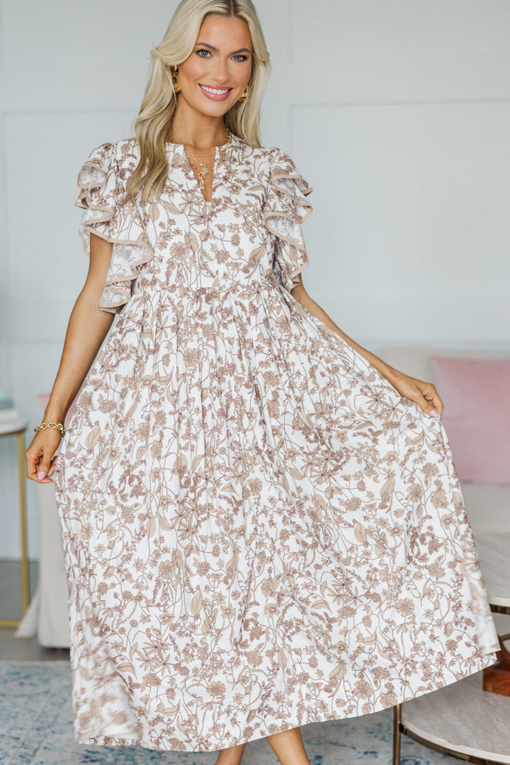 NURSING COLLECTION: Closer Than Ever Taupe Brown Toile Midi Dress