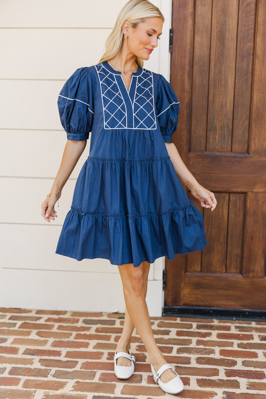 Just Second Nature Navy Embroidered Babydoll Dress