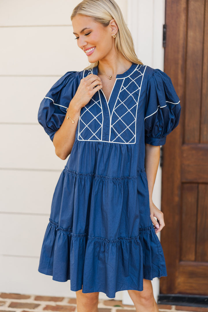 Just Second Nature Navy Embroidered Babydoll Dress