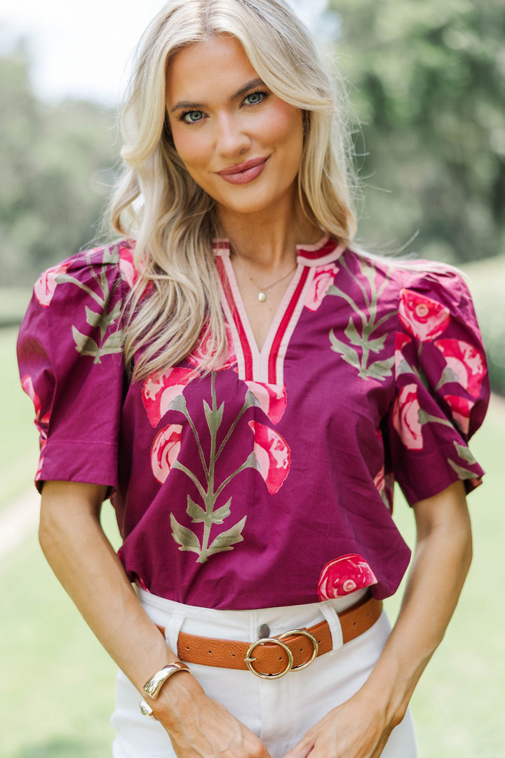 Petal and Poise Burgundy Floral Blouse