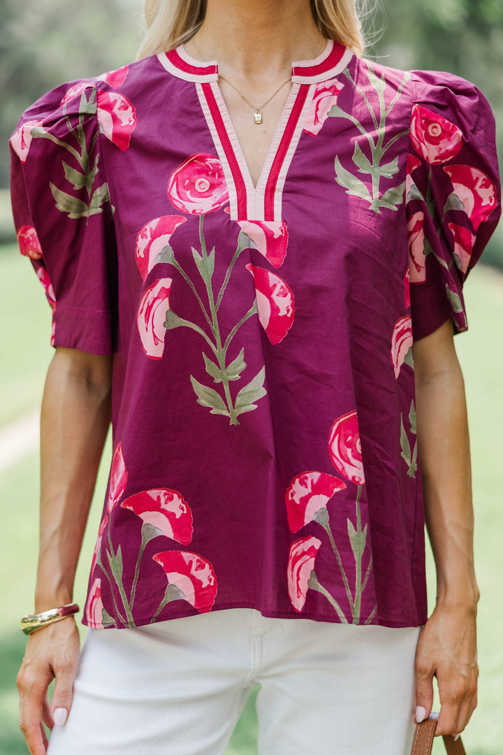 Petal and Poise Burgundy Floral Blouse