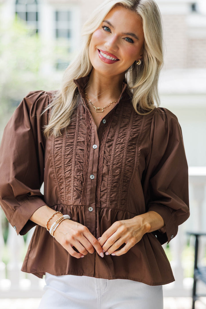 Let Me Know Brown L/S Blouse