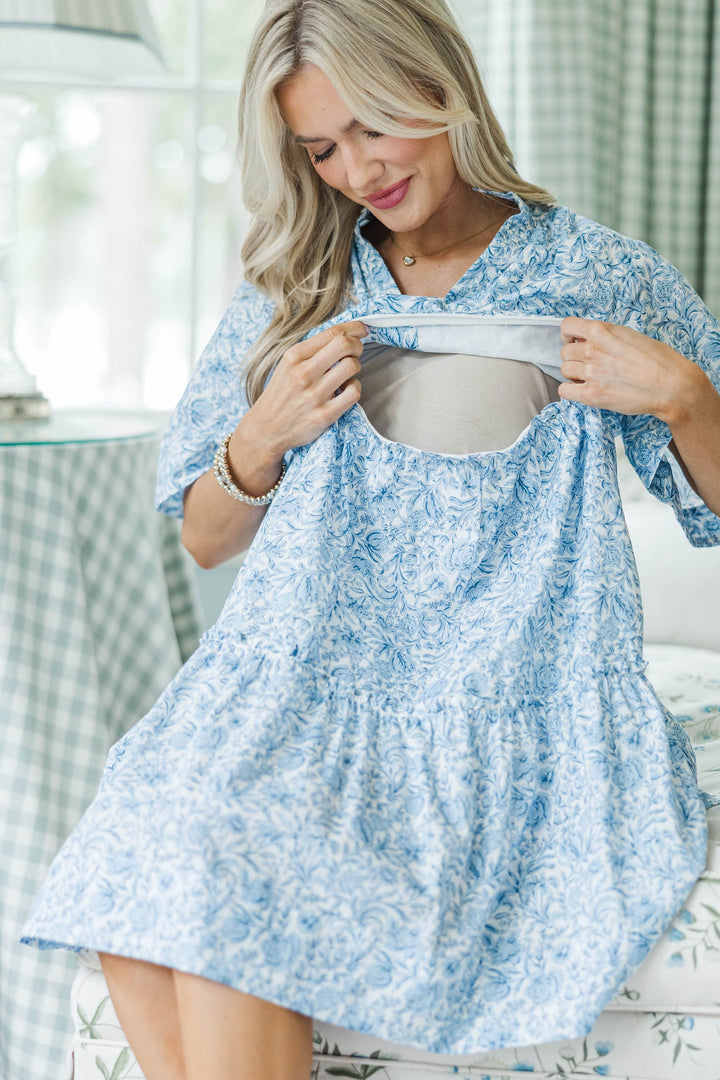 NURSING COLLECTION: Feeling Your Best Blue Toile Babydoll Dress
