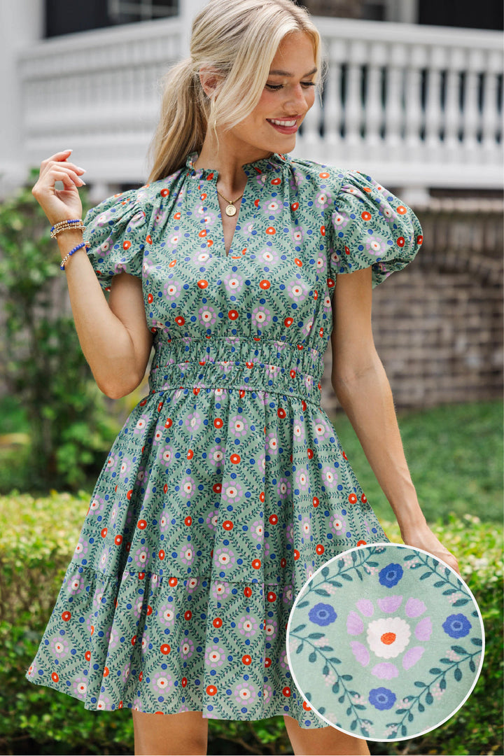Let's Get Going Floral Dress Teal Medallion Dress