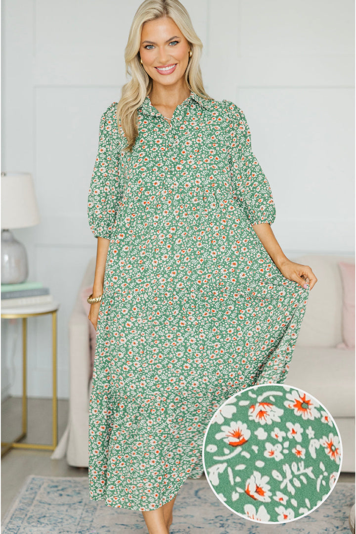 NURSING COLLECTION: Love Found Green Ditsy Floral Tiered Midi Dress