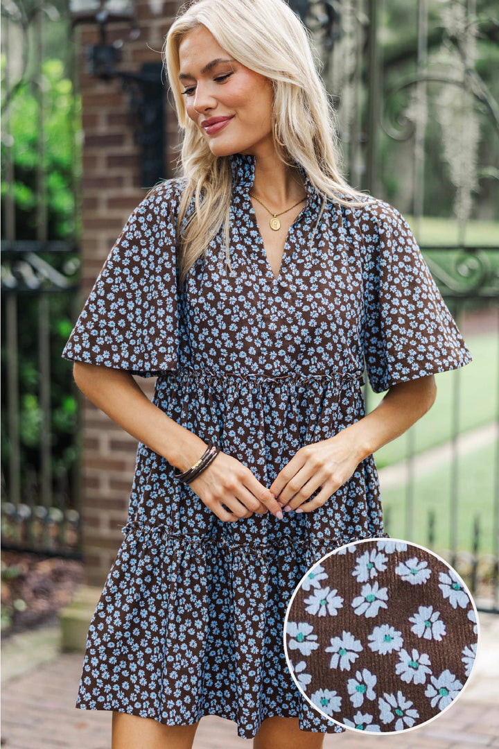 Feeling Your Best Brown Ditsy Floral Babydoll Dress