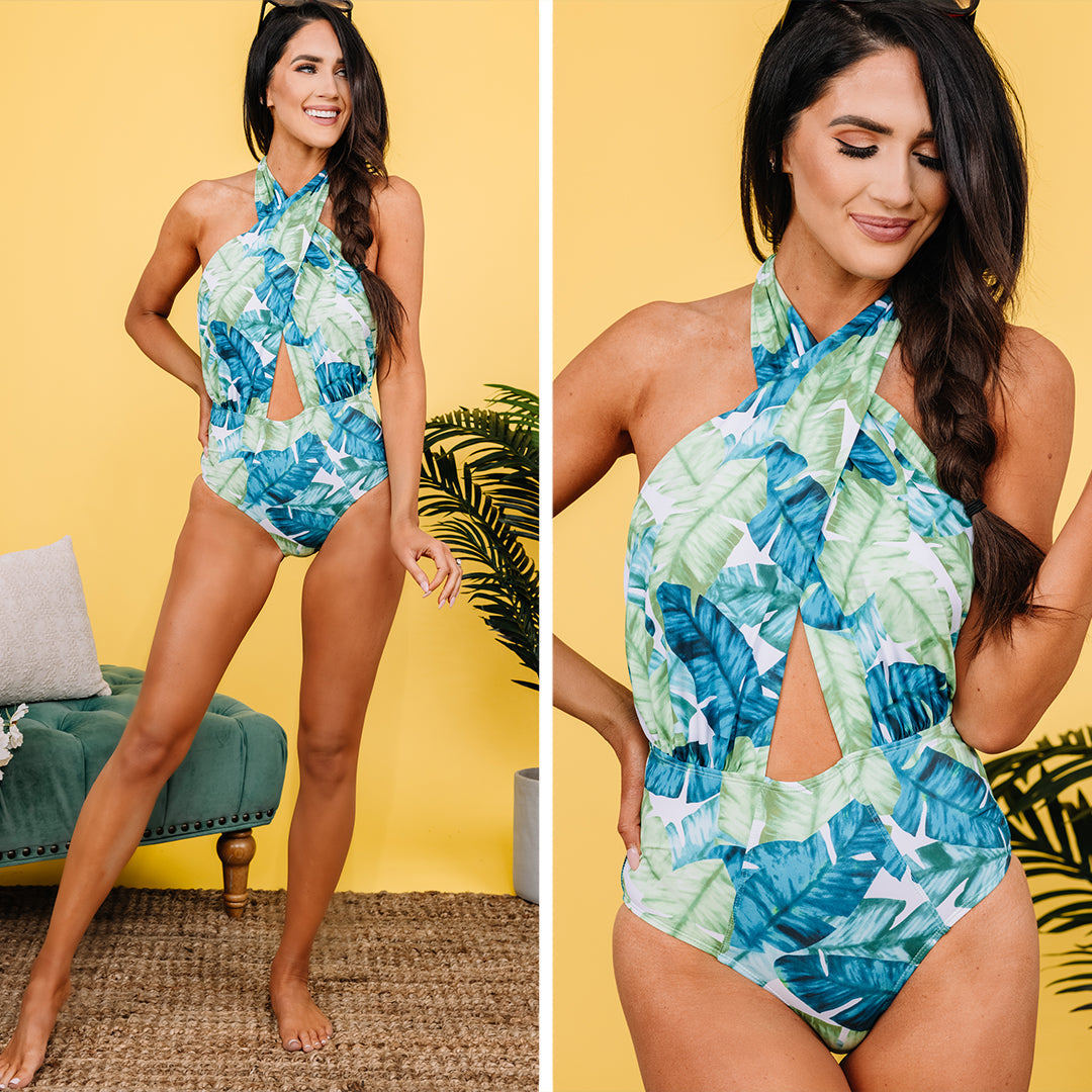 Tropical Traditions Green Palm Print One Piece Swimsuit